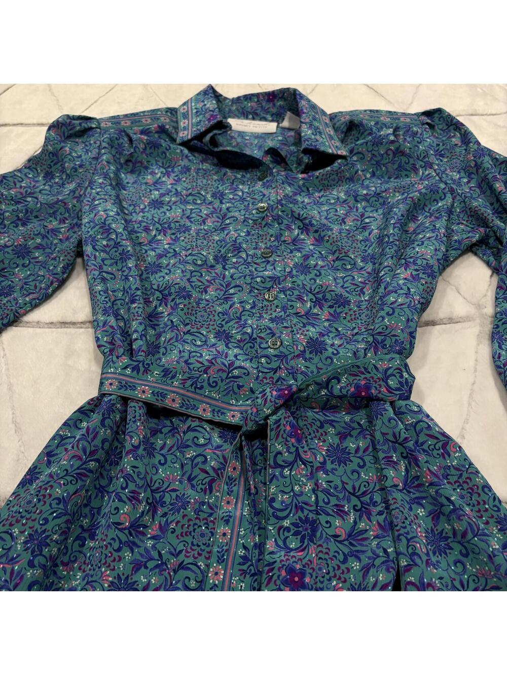 Vintage 80s shoulder pads Women's Blue Floral Shirt Dress Belt size 12 - Picture 3 of 8